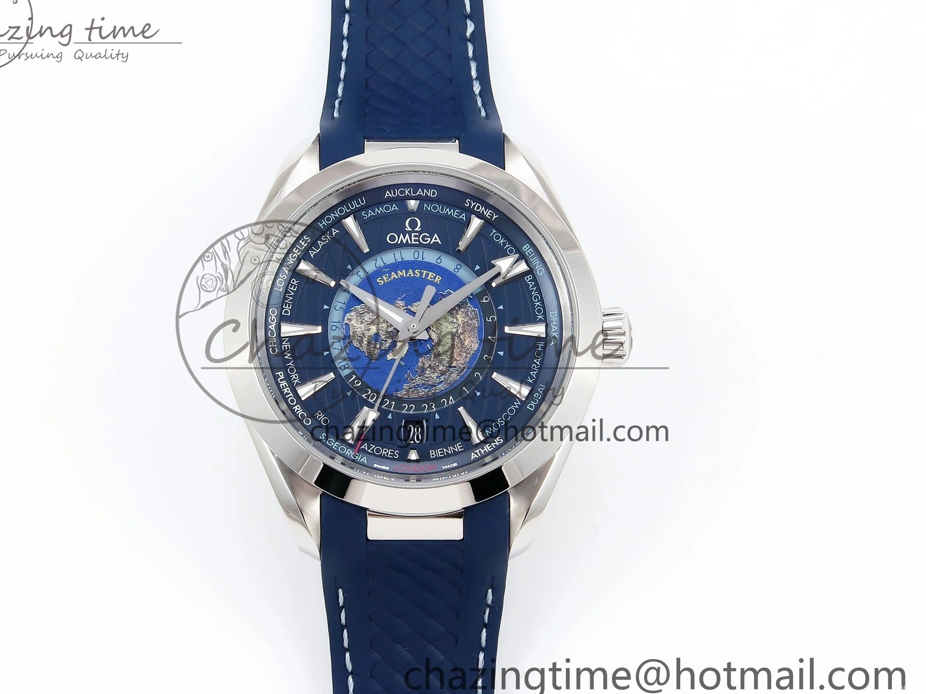 0226 Aqua Terra GMT Worldtimer 43mm VSF 1:1 Best Edition Deep Blue Dial on Blue Rubber Strap A8938 Super Clone QuickDry 7721
